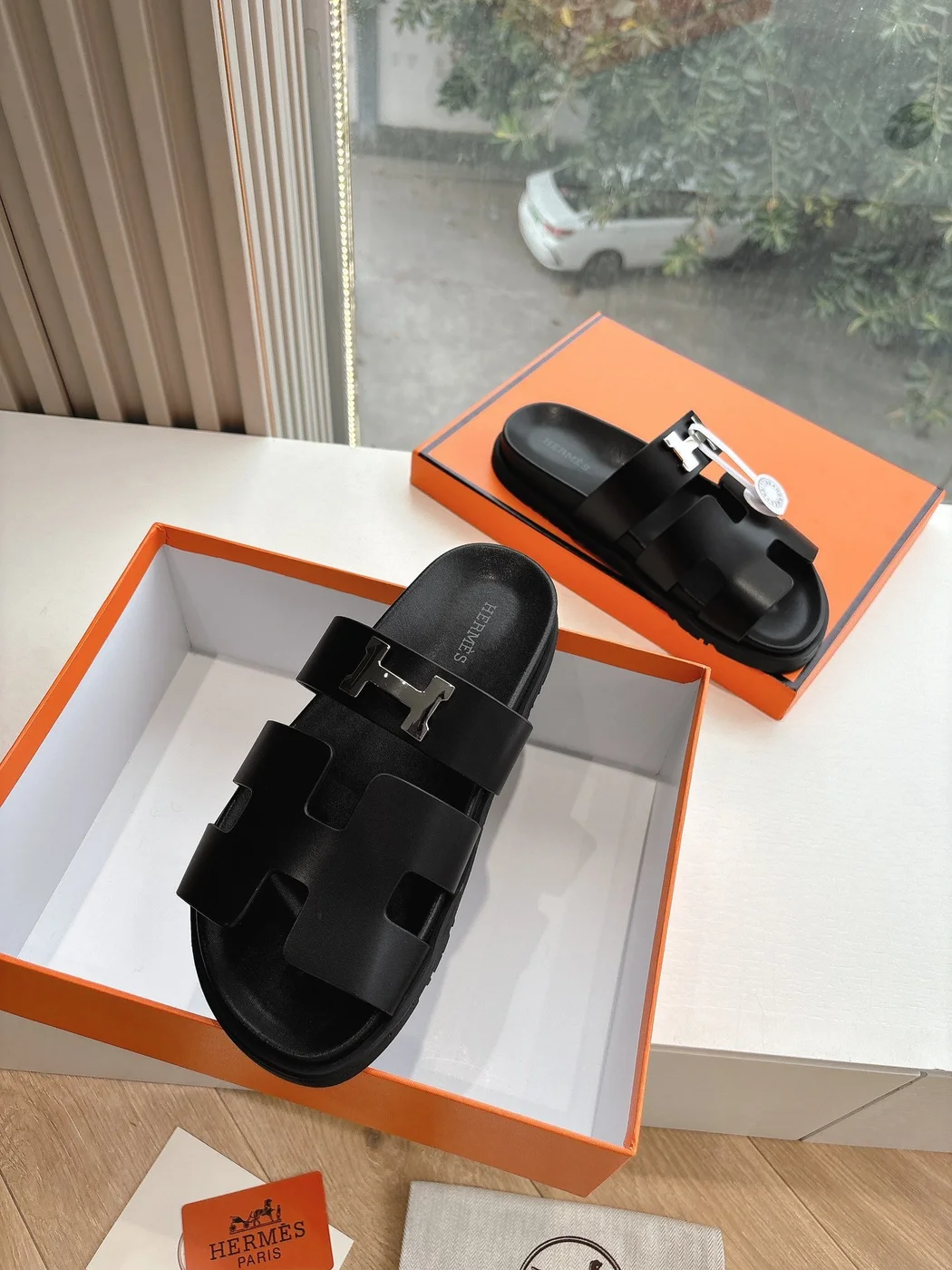 Hermès Women Black Leather Sandals — H-Strap Slides product view 4