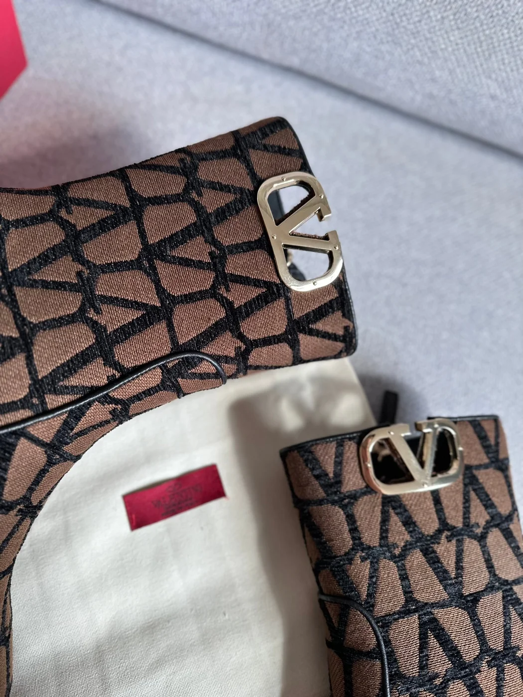 Valentino Women Brown Fabric Logo Pattern Boots product view 2