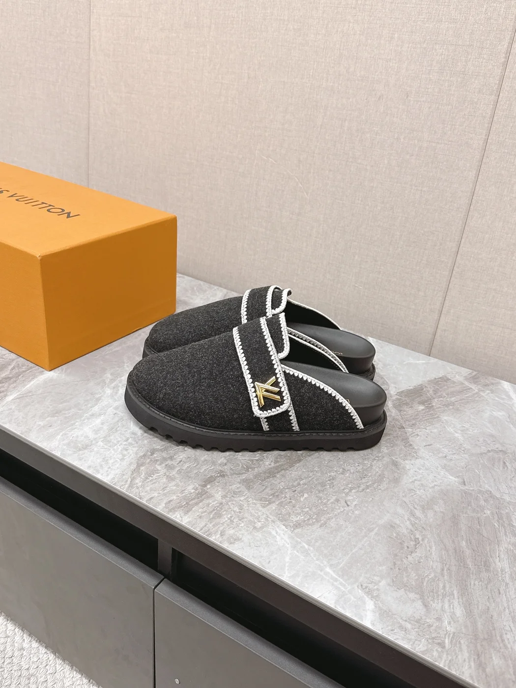 Louis Vuitton Women Black Felt Leather Trim Mules product view 5