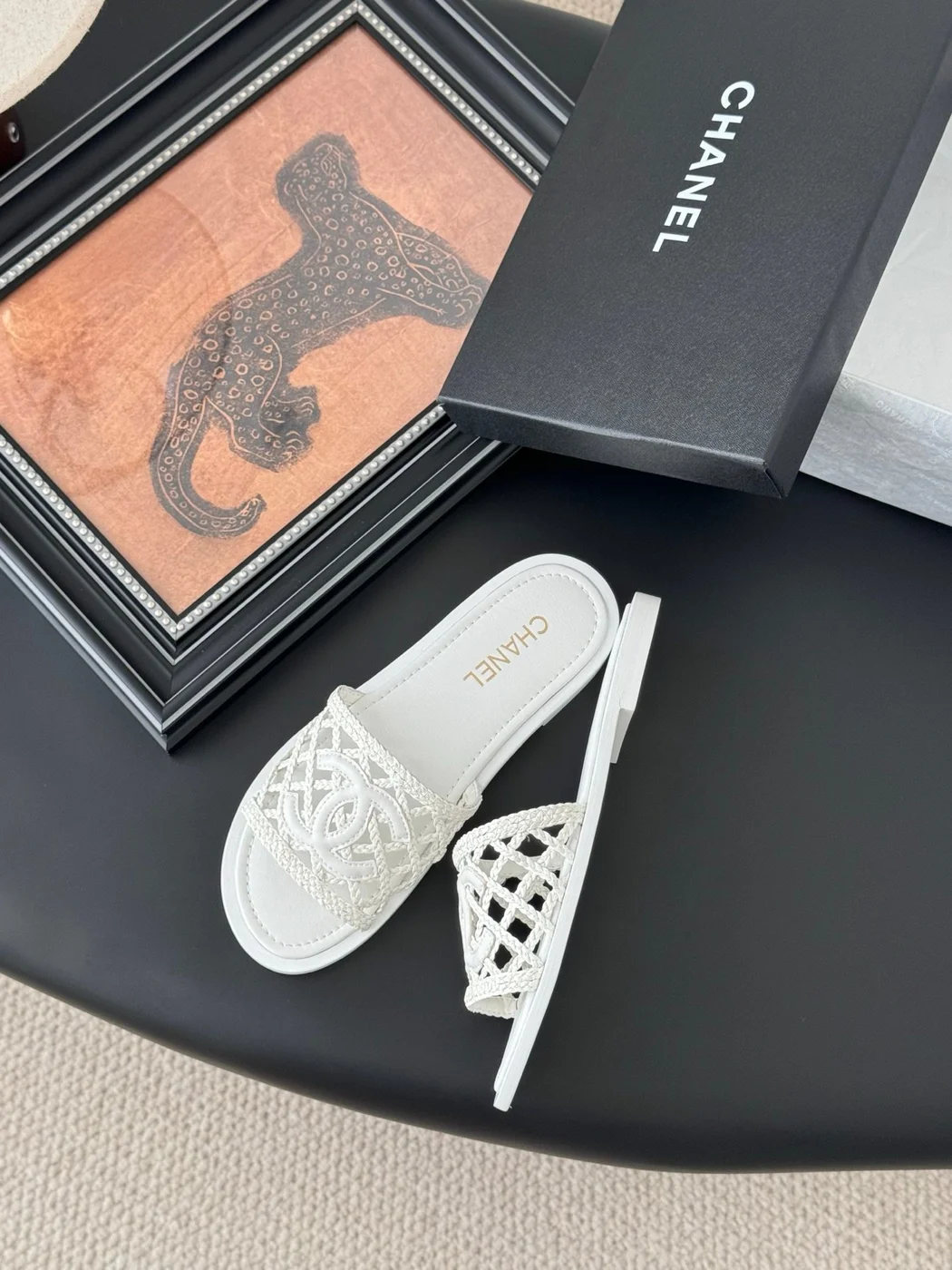Chanel Women White Woven Leather Slides product view 3
