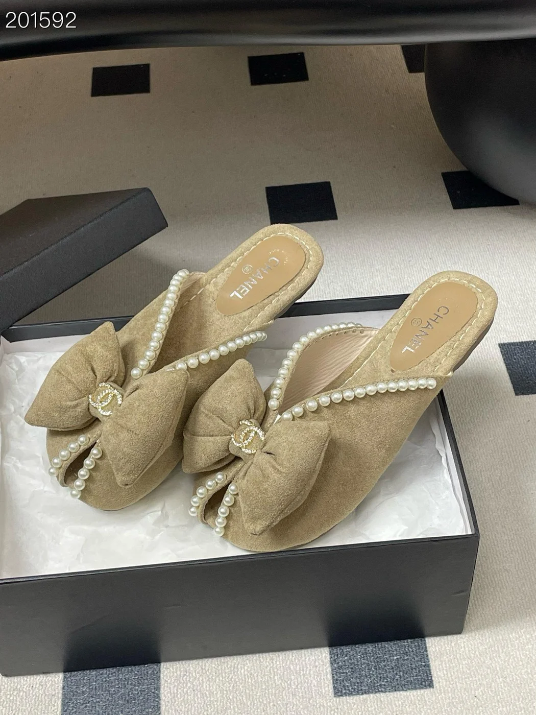 Chanel Pearl Bow Mules Beige product view 1
