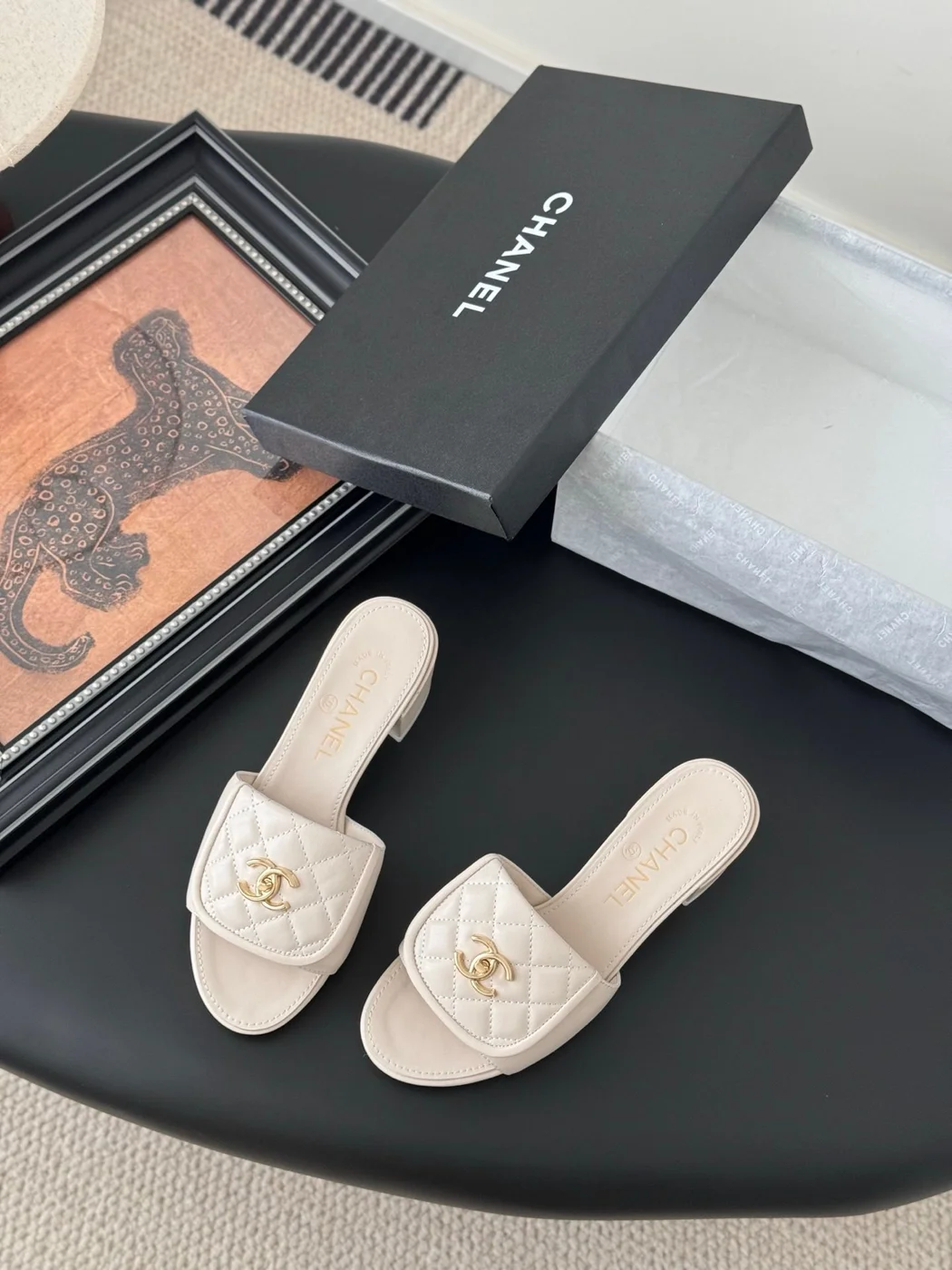 Chanel Women Ivory Quilted Leather Mules — Chain-Woven CC Detail product view 5