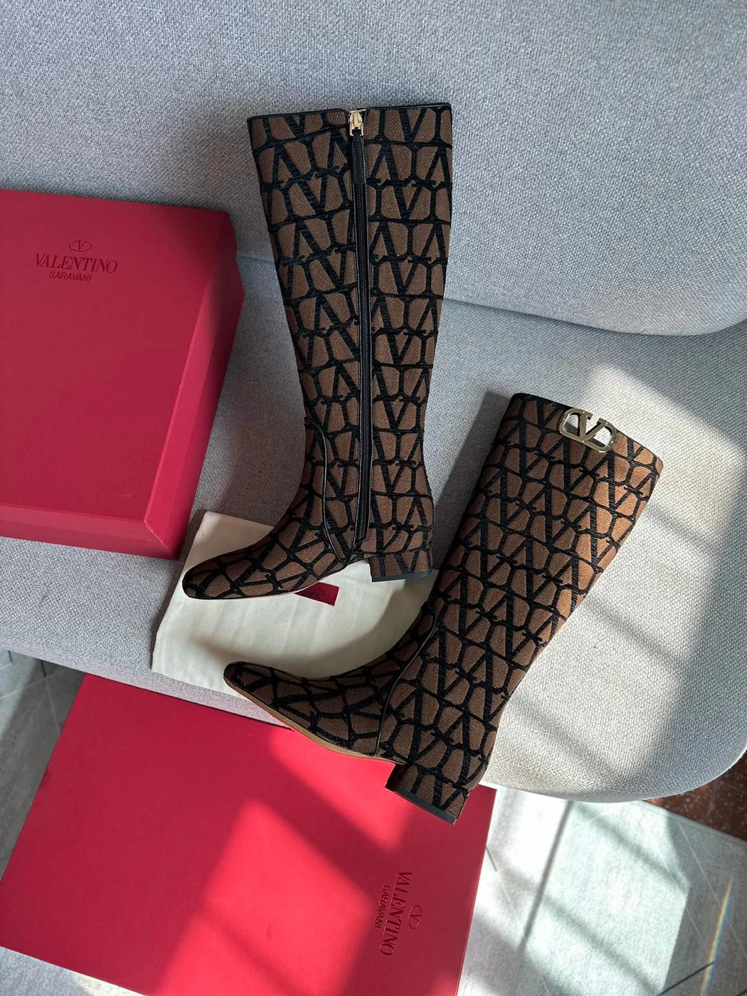 Valentino Women Brown Patterned Fabric Boots product view 2