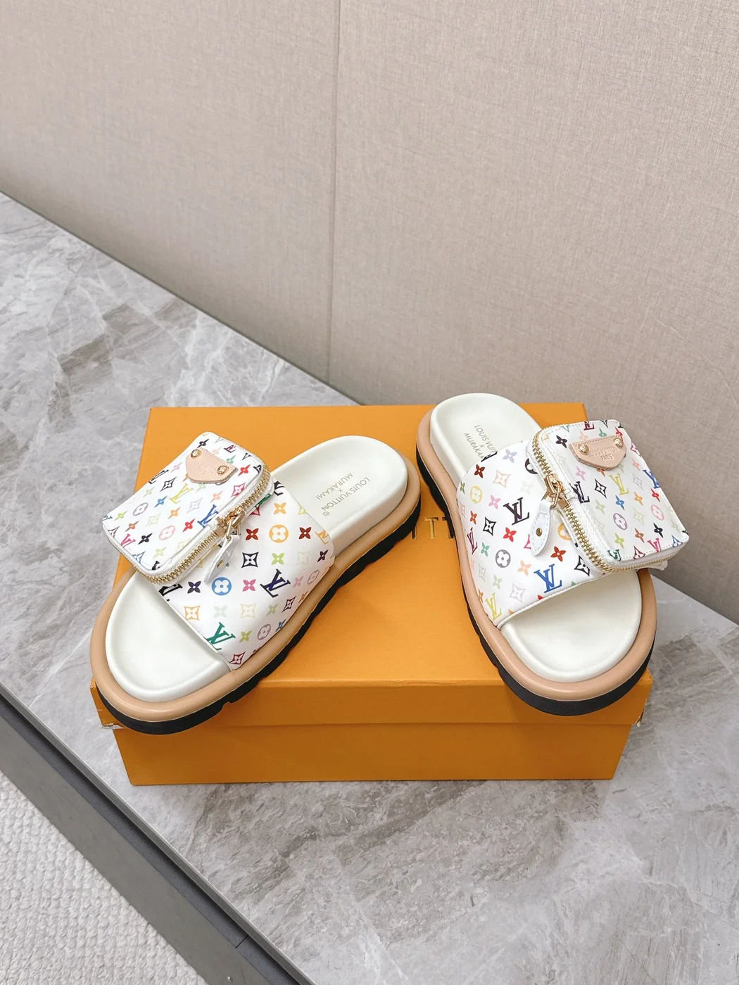 Louis Vuitton Women White Leather Multicolor Logo Mules product view 6
