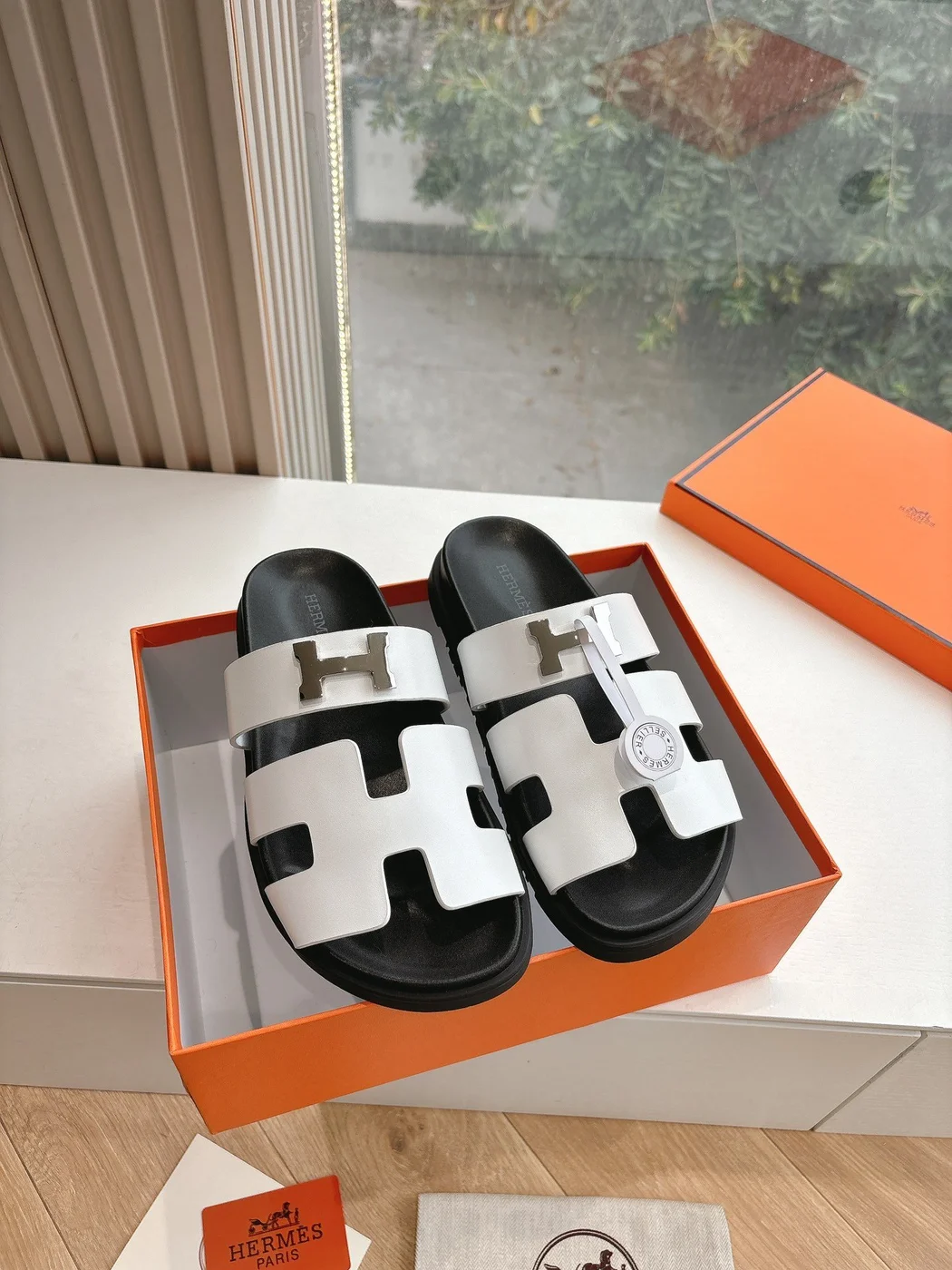 Hermès Women White and Black Double H-Strap Slide Sandals product view 3