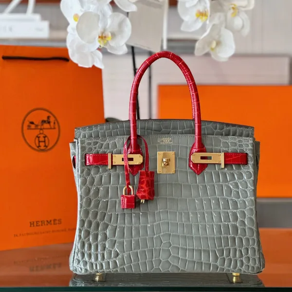 Hermès Birkin Crocodile Leather Gray and Red Custom Made Bag product photo
