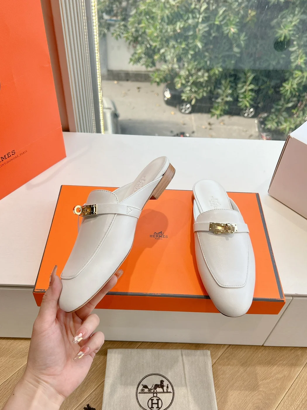 Hermès Women White Leather Mules — Metal-Bar Loafer Style product view 6