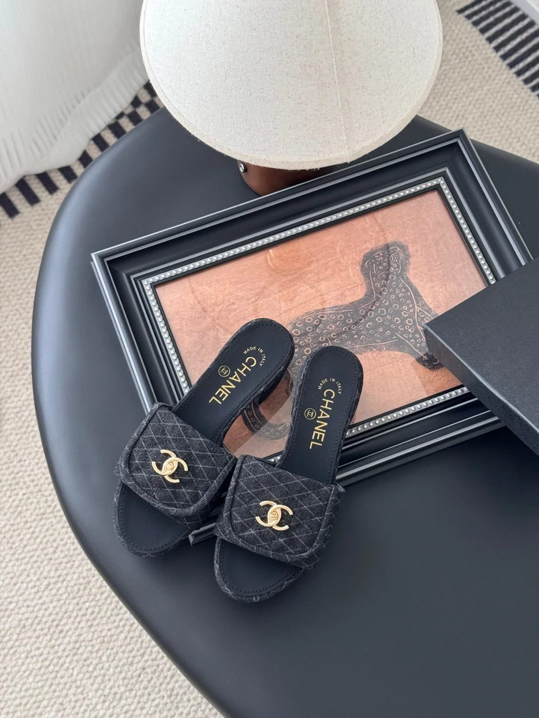 Chanel Women Black Quilted Fabric Slides — Gold-Tone CC Detail product view 2