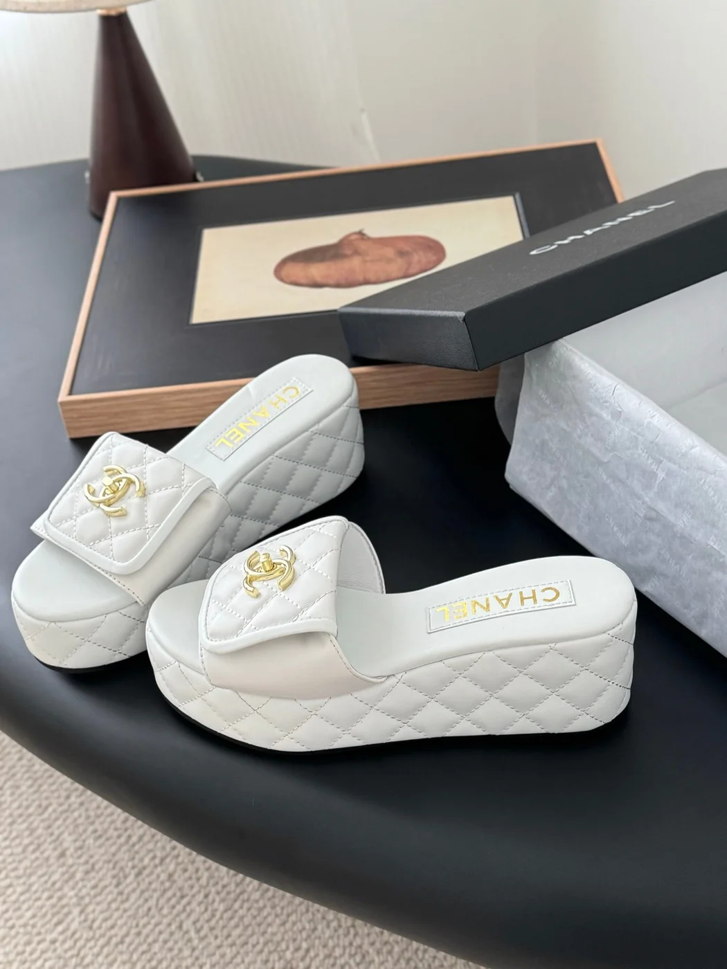 Chanel Women White Quilted Leather Slides — Gold-Tone CC Detail product view 2