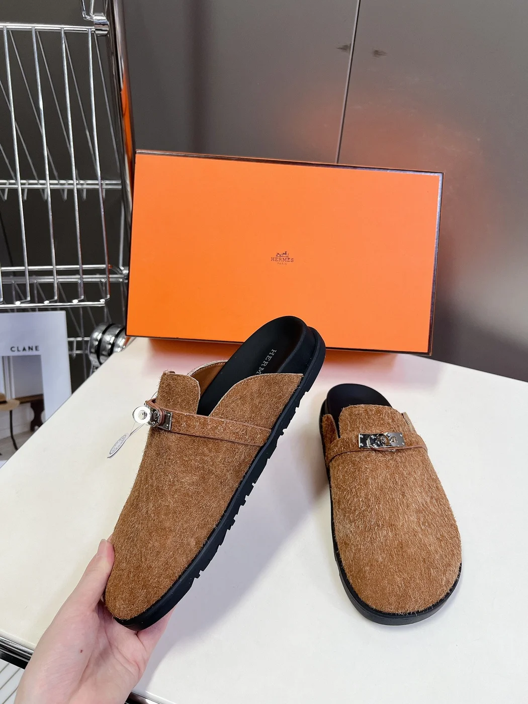 Hermès Women Brown Haircalf Leather Slippers product view 3