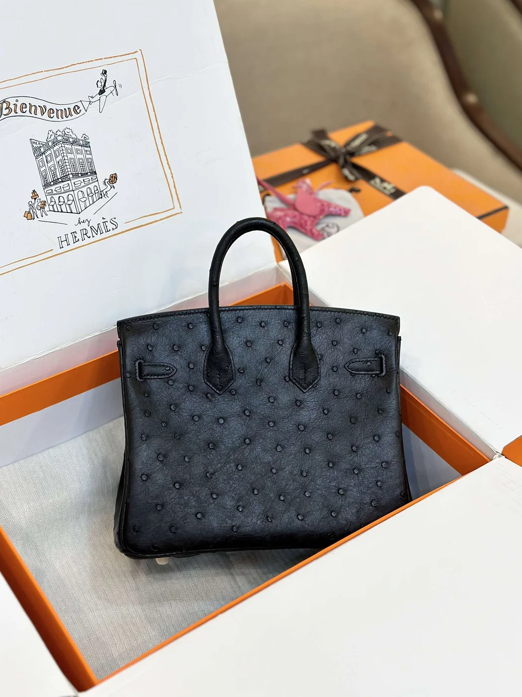 Hermès Birkin 25 Black Ostrich Leather Gold Hardware Bag product view 7