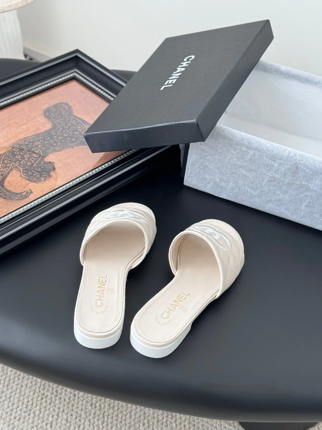 Chanel Women Cream Quilted Leather Slides product view 5