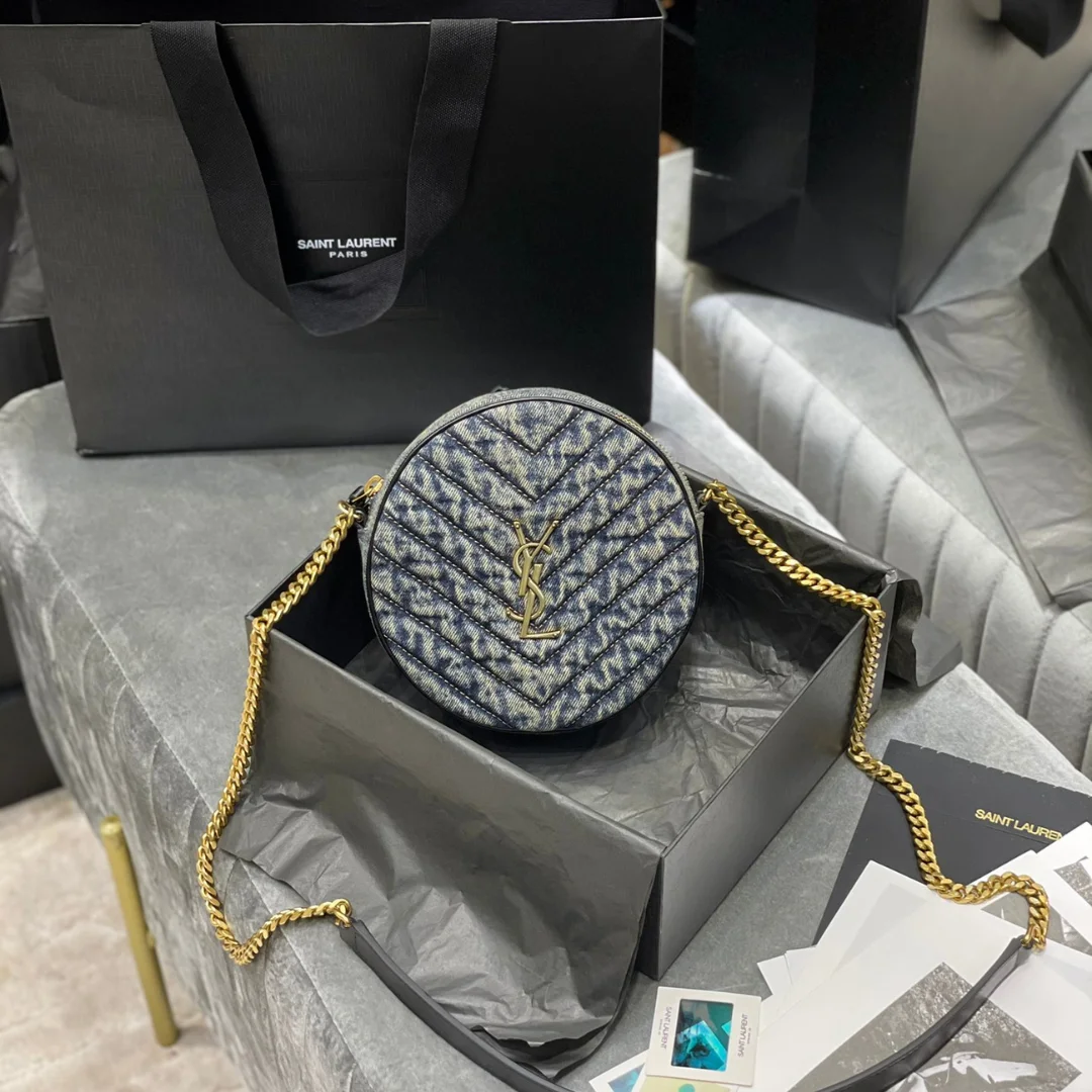 Saint Laurent Women Vinyle Round Camera Bag in Chevron-Quilted Denim and Suede product view 1