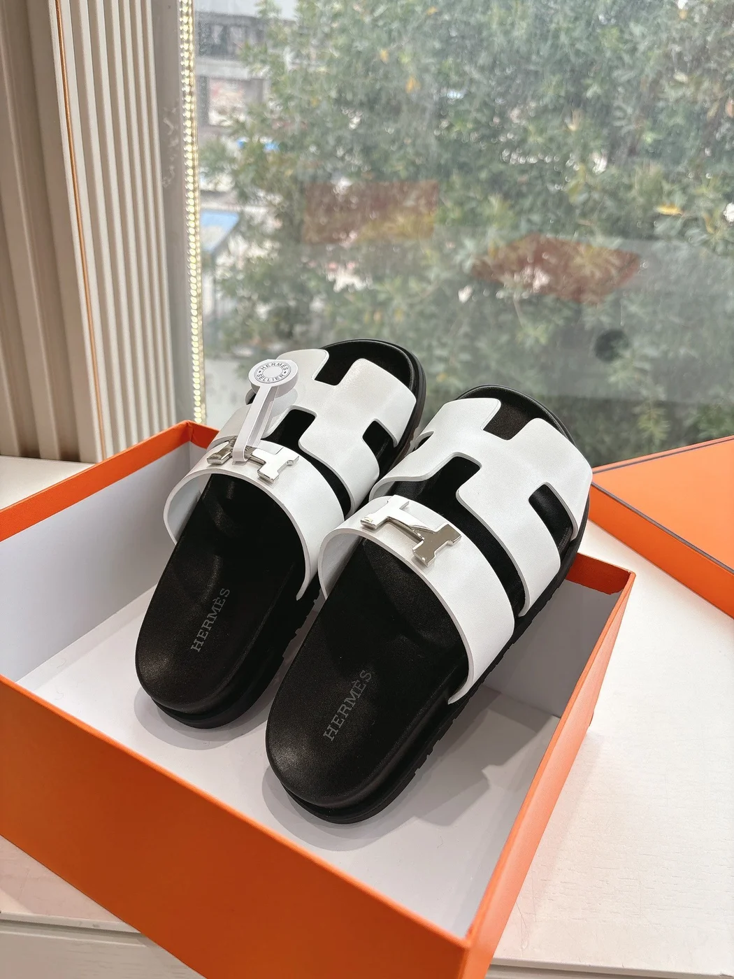Hermès Women White and Black Double H-Strap Slide Sandals product view 5