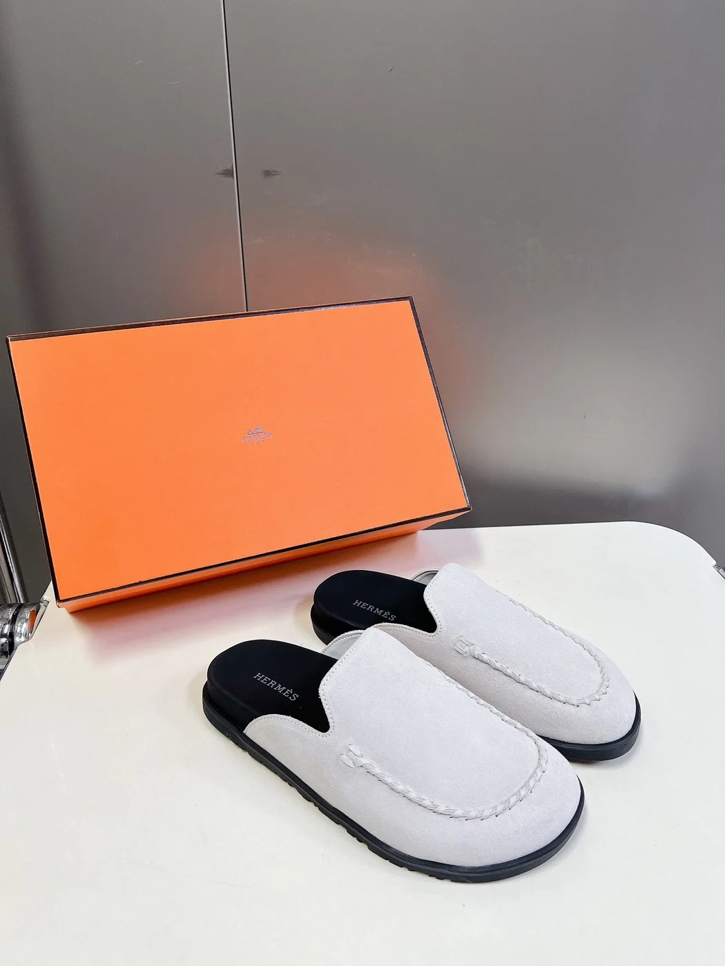 Hermès Women White Suede Leather Slippers product view 5