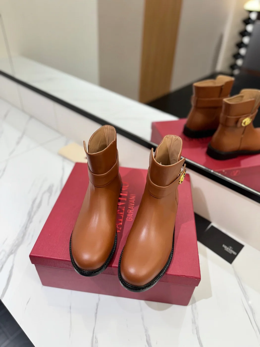 Valentino Women Brown Leather Ankle Boots — Low-Heel Chain-Cuff Style product view 4