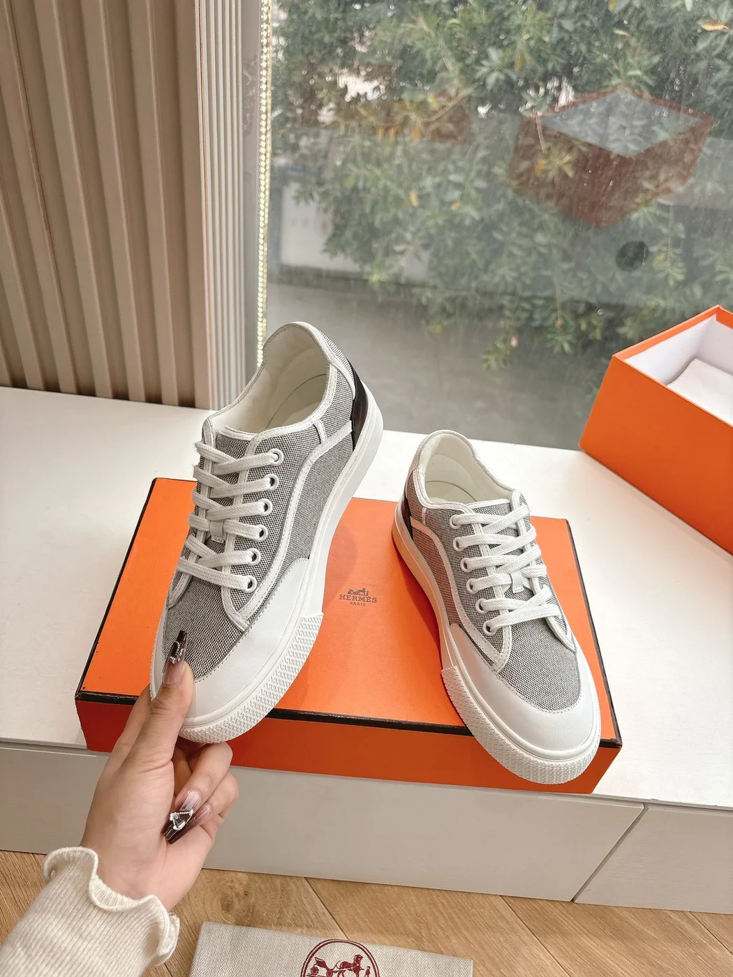 Hermès Women White Gray Mesh Canvas Sneakers product view 6