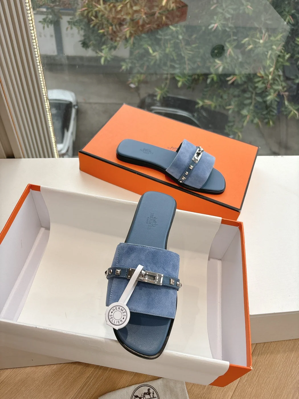 Hermès Women Blue Suede Flat Slide Sandals product view 4