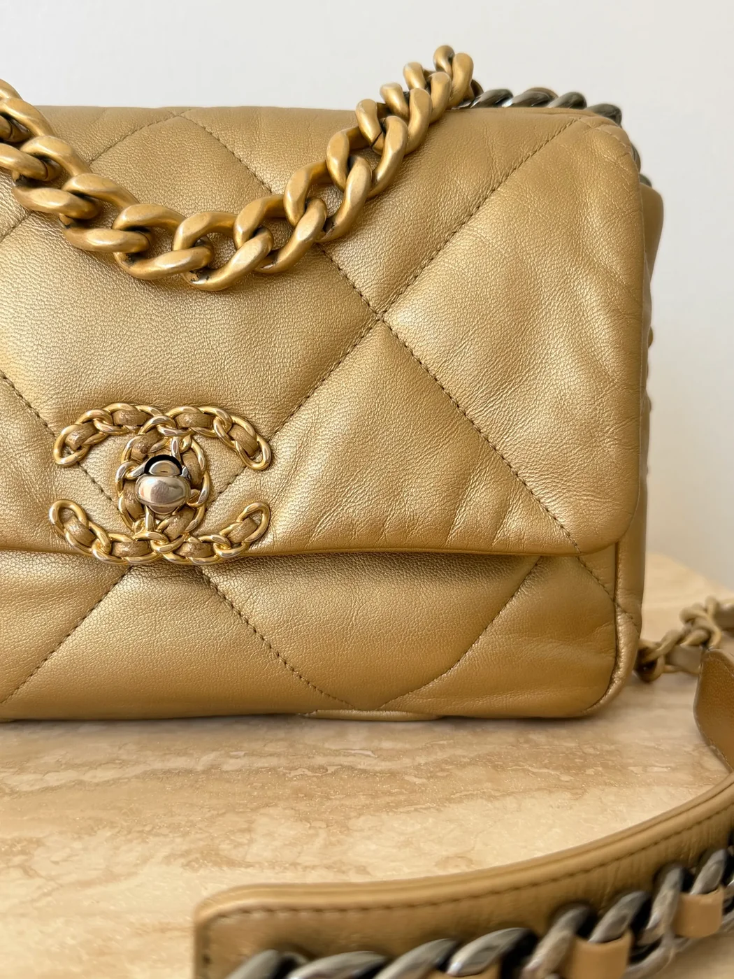 Chanel 19 Small Metallic Gold Lambskin Bag product view 4