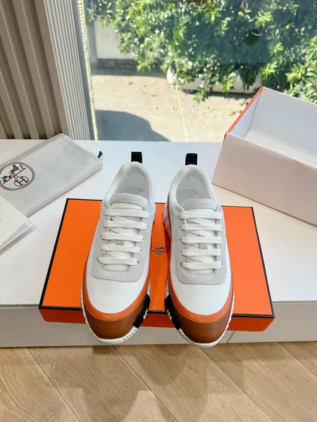 Hermès Women White Brown Leather Mesh Sneakers product photo
