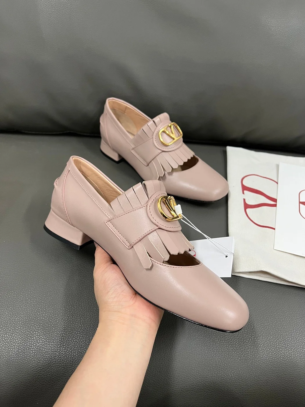 Valentino Women Blush Pink Leather Fringe Loafers product view 5