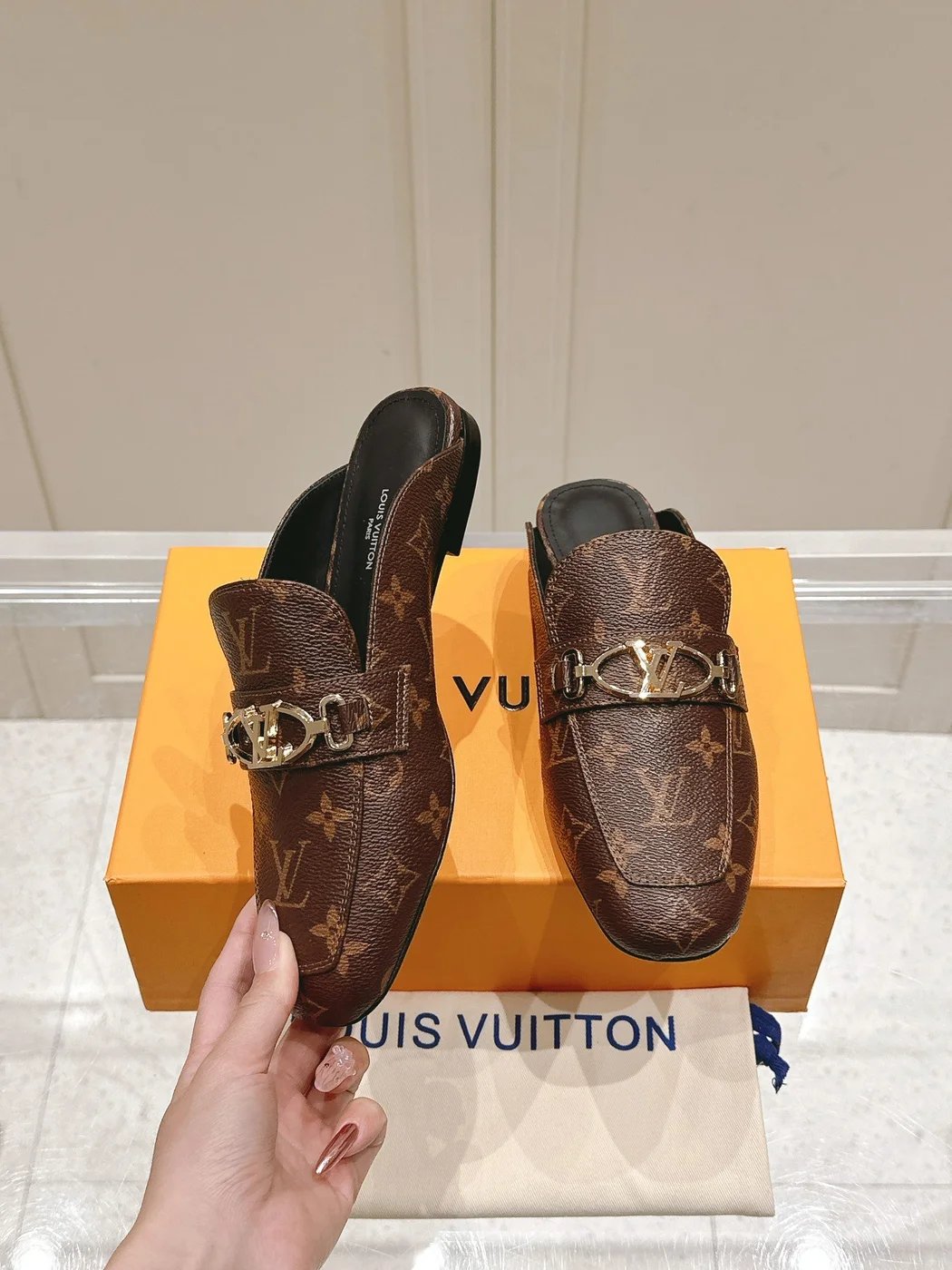 Louis Vuitton Women Brown Leather Mules — Metal-Bar Loafer Style product view 3