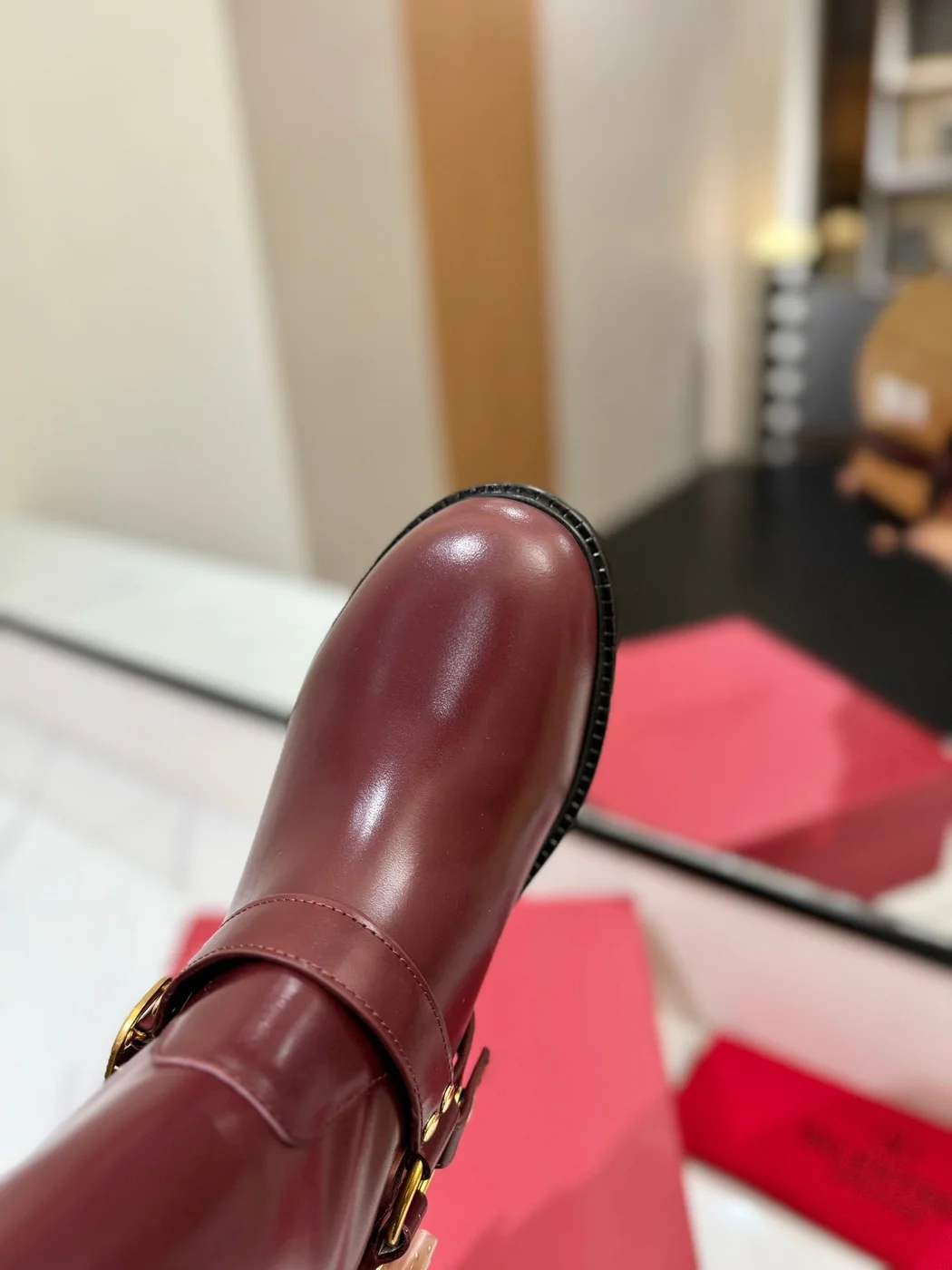 Valentino Women Burgundy Leather Mid-Calf Boots product view 2