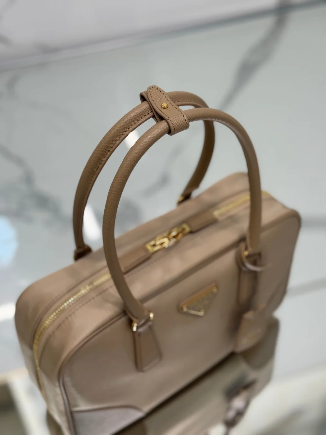 Prada Large Top Handle Bag 35 In Dried Moss Nylon And Calfskin Trim product view 6