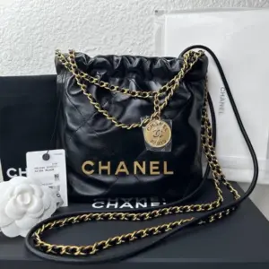 Chanel 22 Mini Hobo Handbag in Black Shiny Calfskin with Pearls product photo