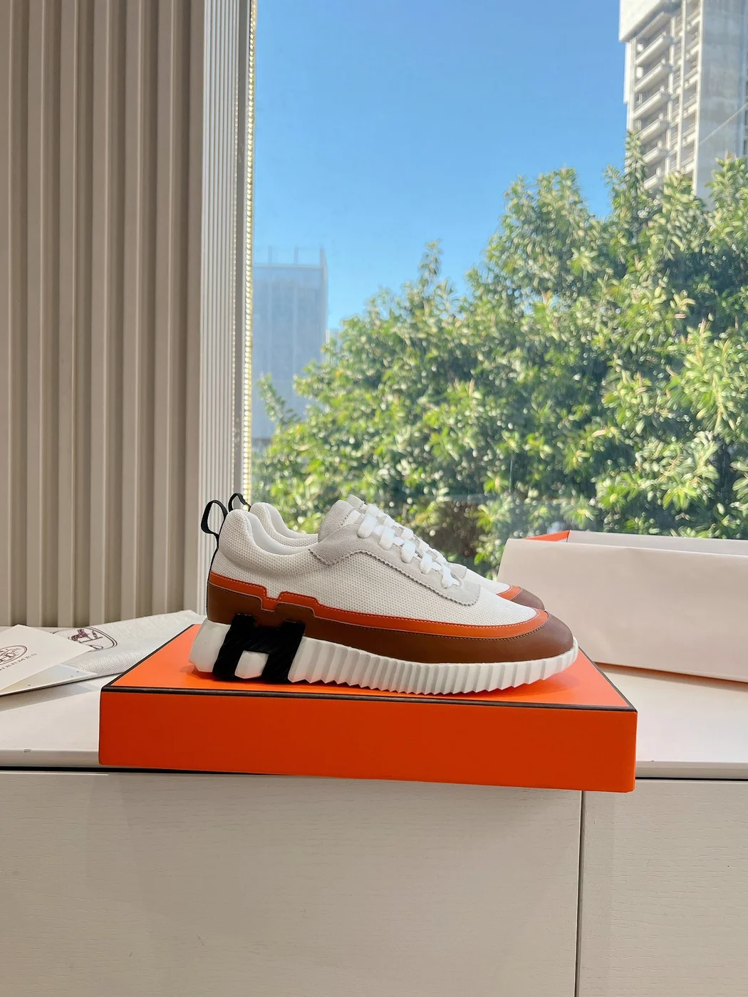Hermès Women White Brown Leather Mesh Sneakers product view 2
