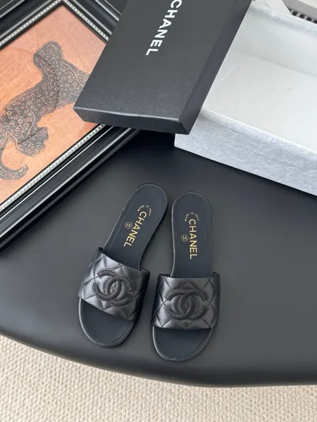 Chanel Women Black Quilted Leather Slides product photo