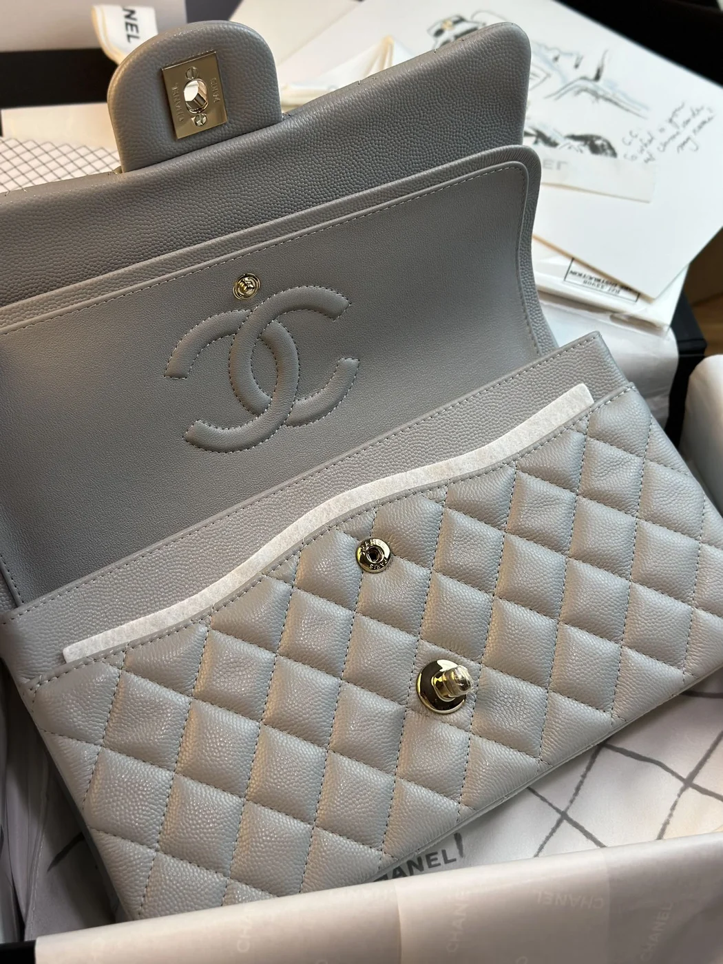 Chanel Flap Bag 25 cm Gold Hardware Grey Caviar product view 9