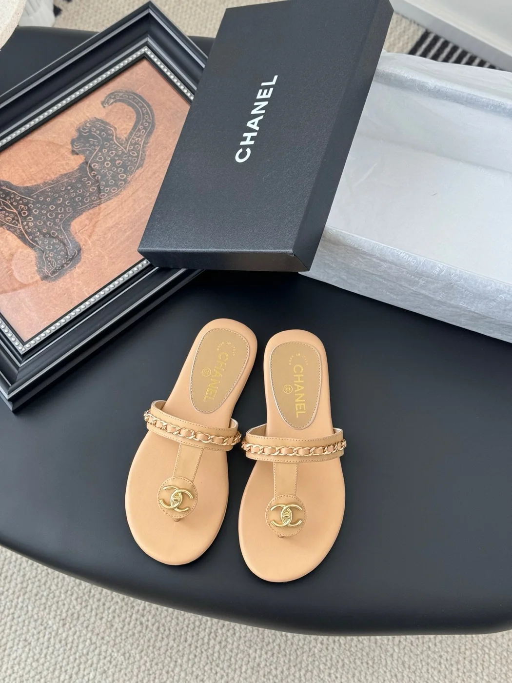Chanel Women Beige Sandals — Chain-Detail T-Strap product view 1