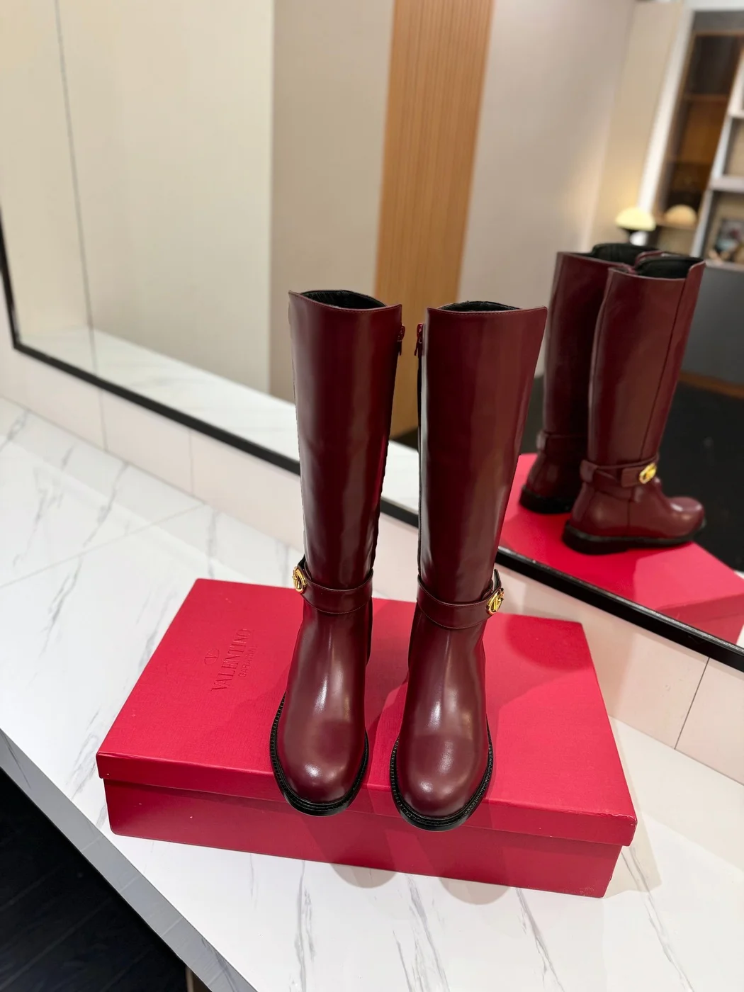 Valentino Women Burgundy Leather Knee High Boots product view 4