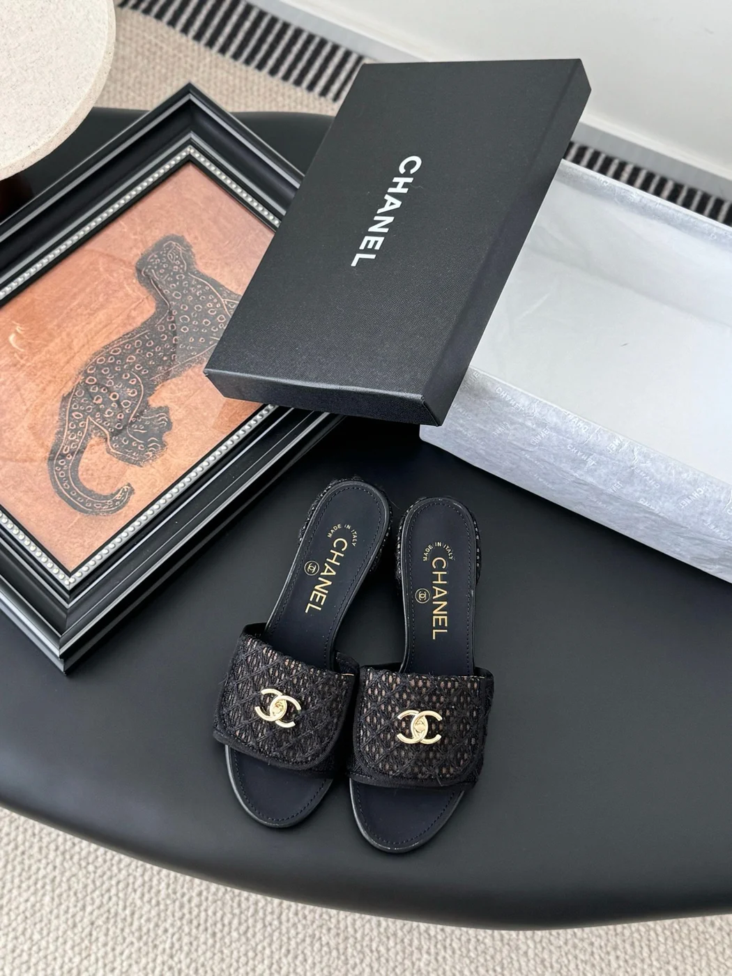 Chanel Women Black Woven Leather Slides product view 1