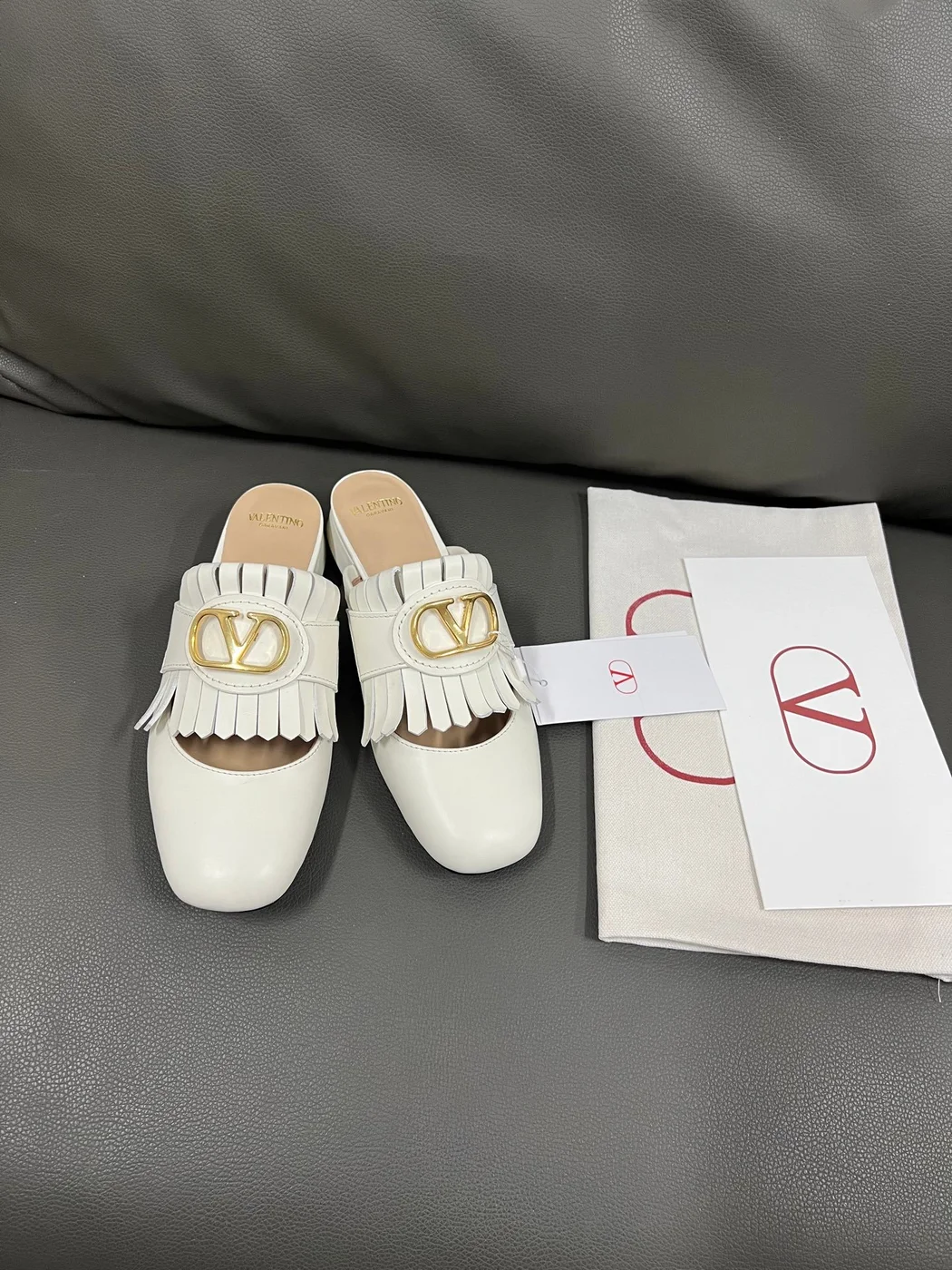 Valentino Women White Leather Fringe Mules product view 1