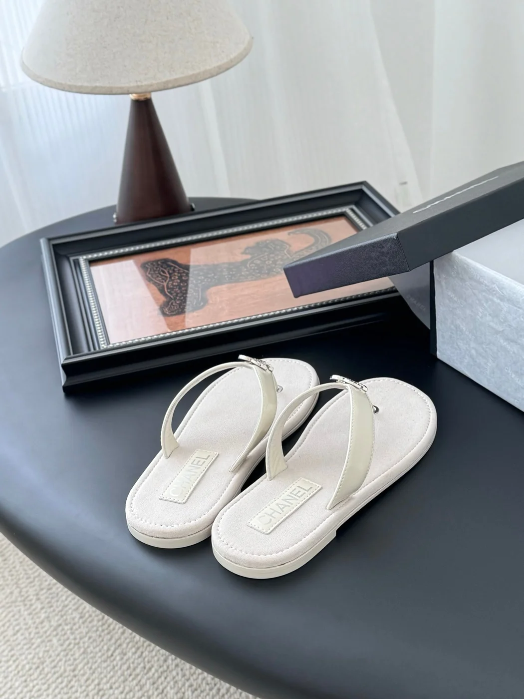 Chanel Women White Leather Thong Sandals product view 3