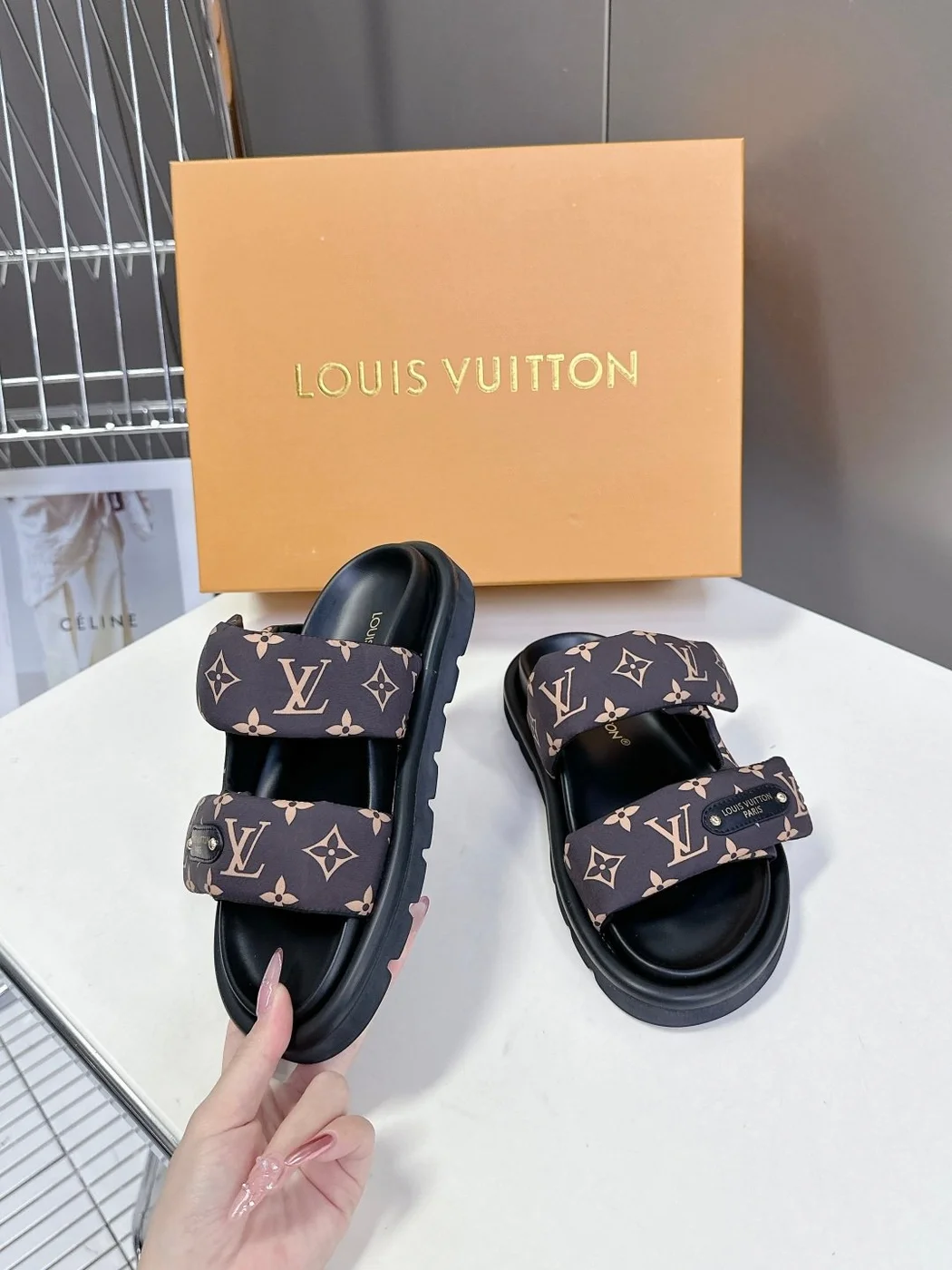 Louis Vuitton Women Black Brown Patterned Fabric Sandals product view 5