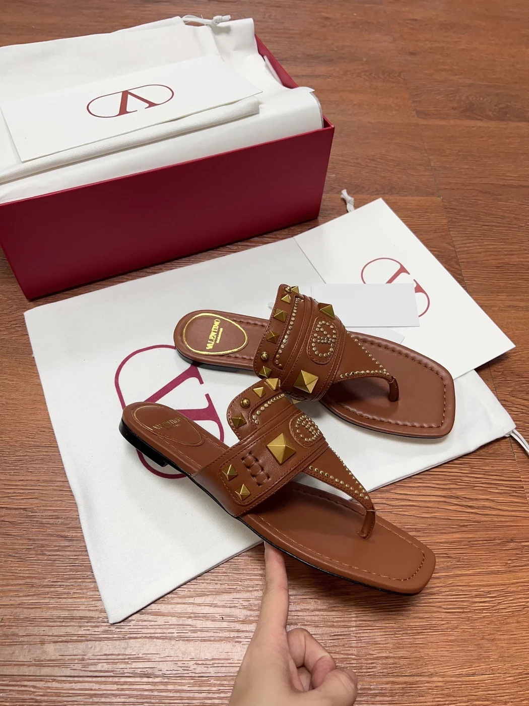 Valentino Women Brown Leather Studded Sandals product view 3
