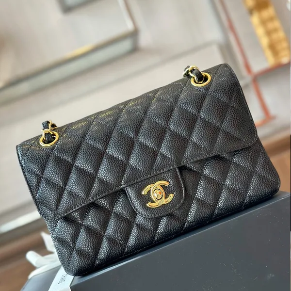 Chanel Classic Handbags With Lock Gold Black Leather 23 cm product photo