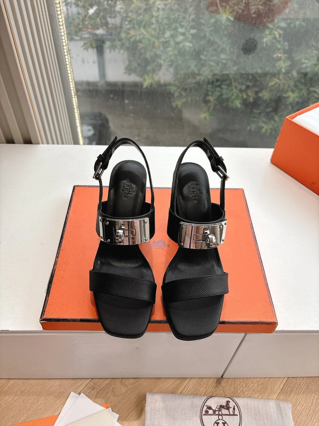 Hermès Women Black Leather Sandals — Wide-Strap Slingback product view 1