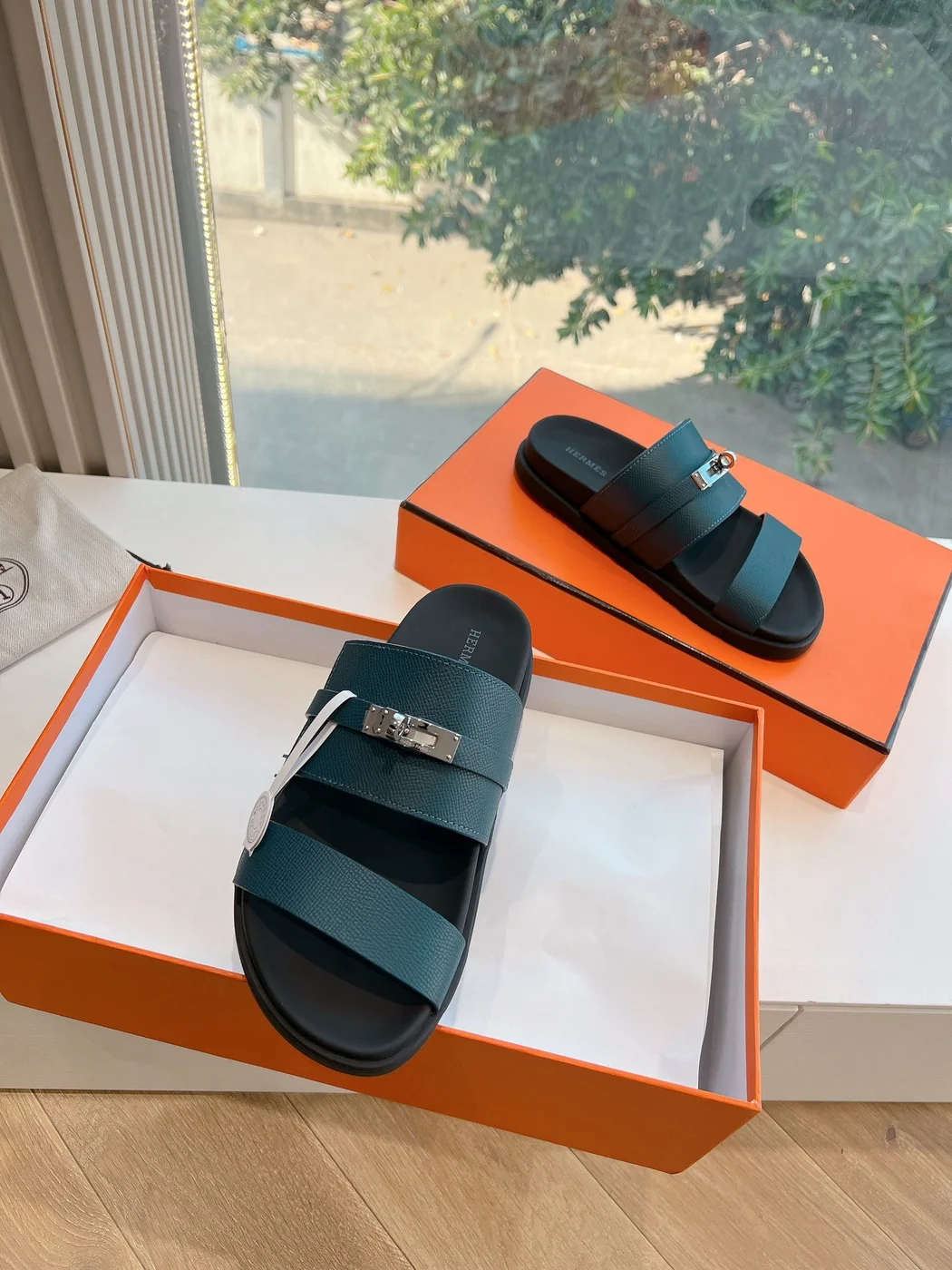 Hermès Women Green Sandals — Dark Teal Wide-Strap product view 4