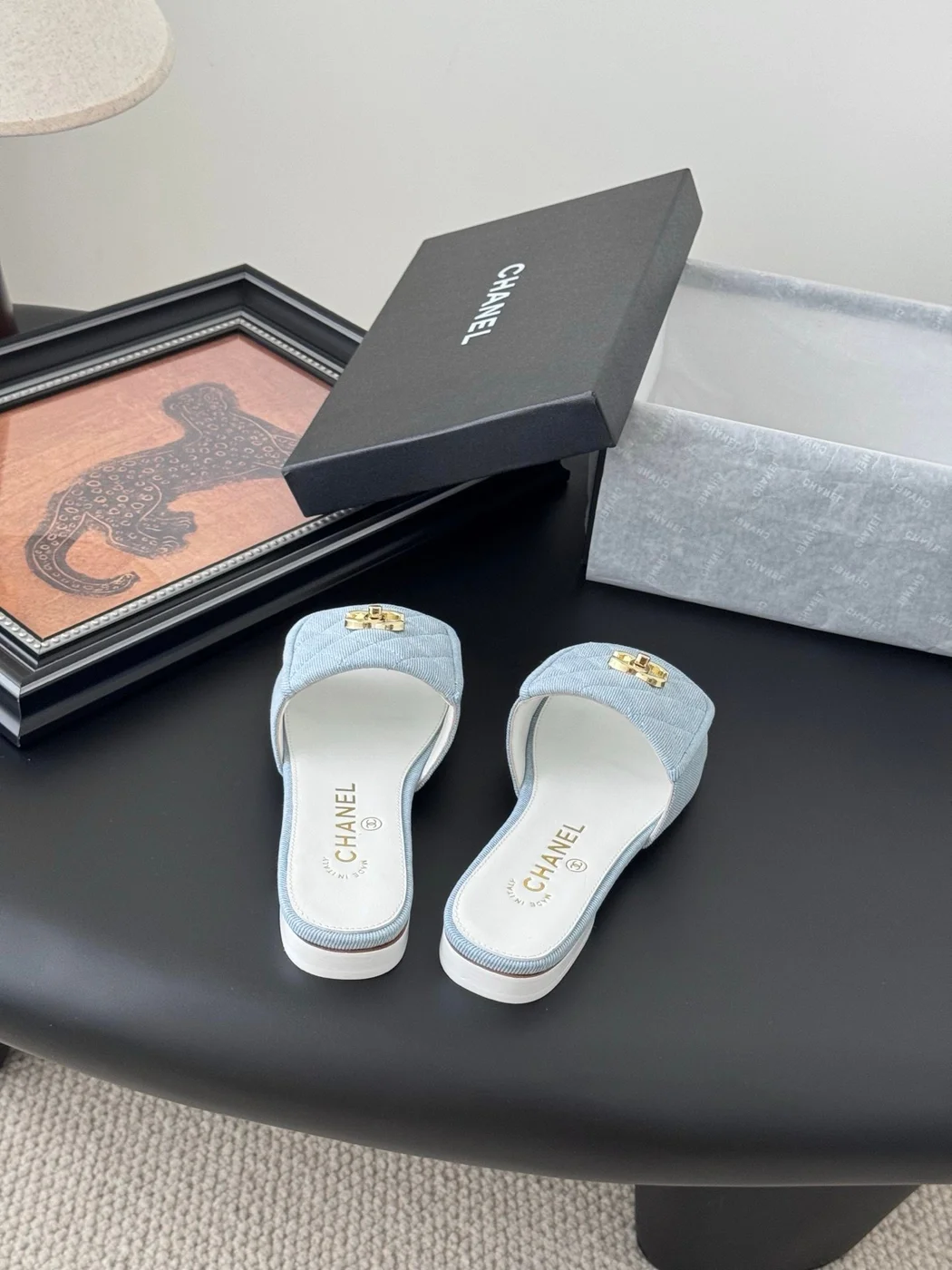 Chanel Women Quilted-Fabric Slides — Pale Blue and White product view 5