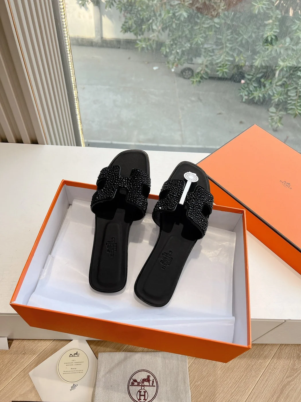 Hermès Women Black Leather Embellished Slippers product view 4