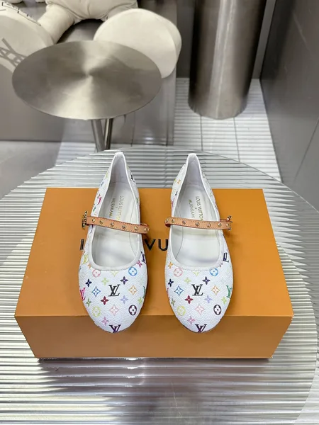 Louis Vuitton Women White Canvas Multicolor Print Leather Strap Flats product photo