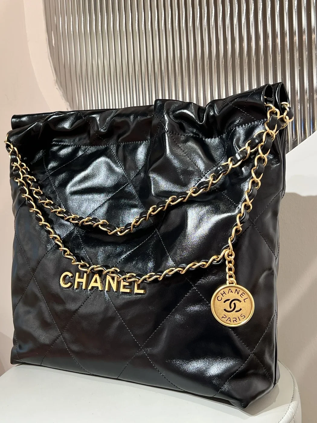 Chanel 22 Bag Small Gold & Black Lambskin Leather product view 2