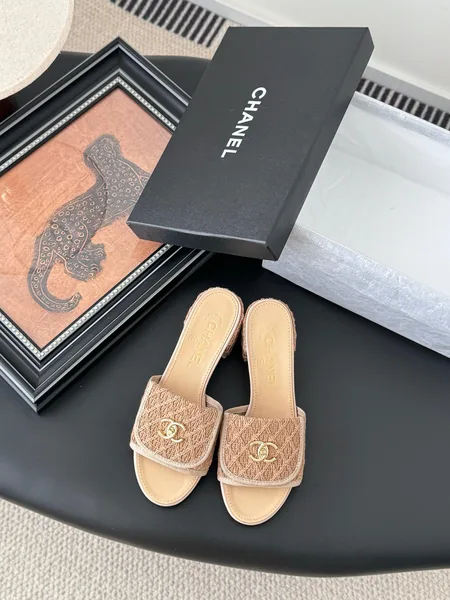 Chanel Women Beige Fabric Mules Slides product photo
