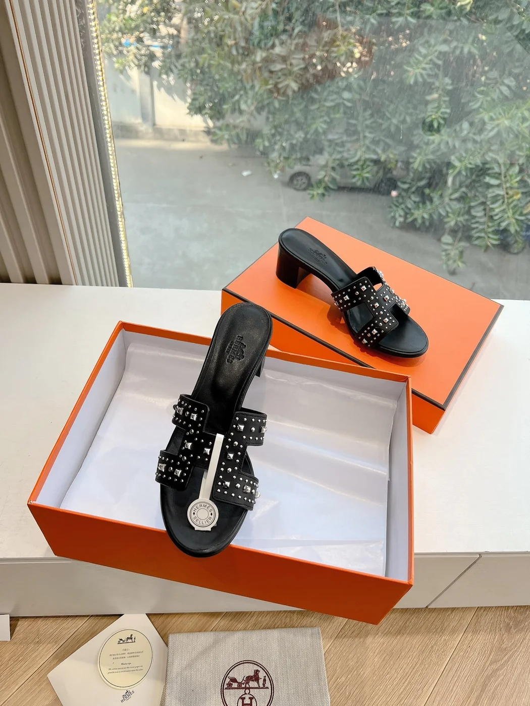 Hermès Women Black Leather Studded Mules product view 4