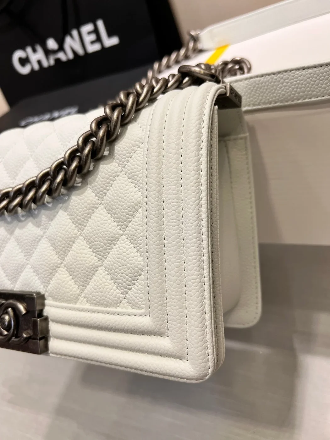 Chanel Boy Bag Medium 25 White Caviar Ruthenium Hardware product view 7