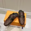 Louis Vuitton Women Brown Leather Monogram Mules — Black Strap Detail product view 5